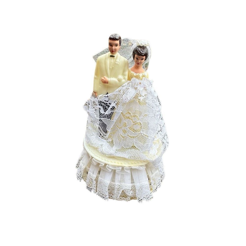 Vintage 1960s Wedding Cake Bride and Groom Topper w Base Lace Hong Kong